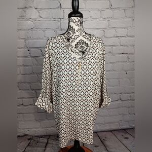 Roz & Ali women's rolled tab sleeve geo print stretch knit size 3x 1/2 zip b22